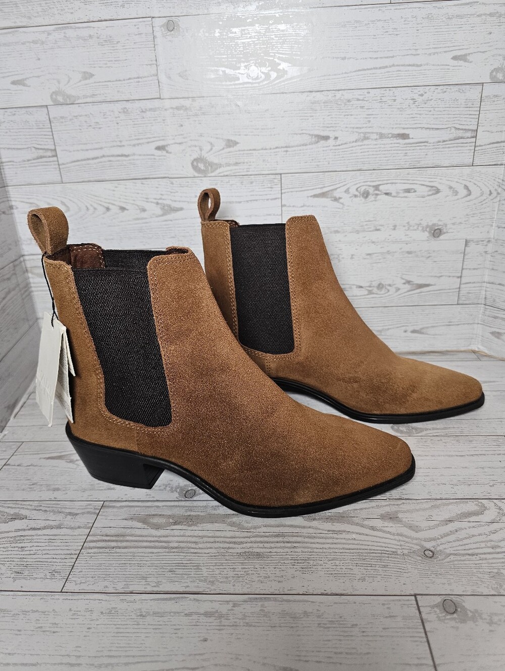 ZARA Women Suede Leather Chelsea Boots Brown Pointed Toe Block Heel Sz 35 US 5 N